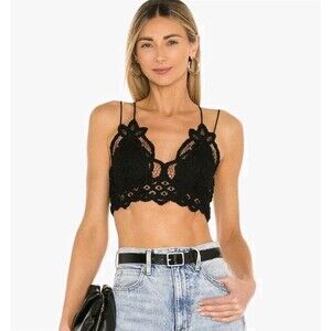 Free People FP One Adella Bralette Black Lace Crop Top Smocked Boho Sz L EUC